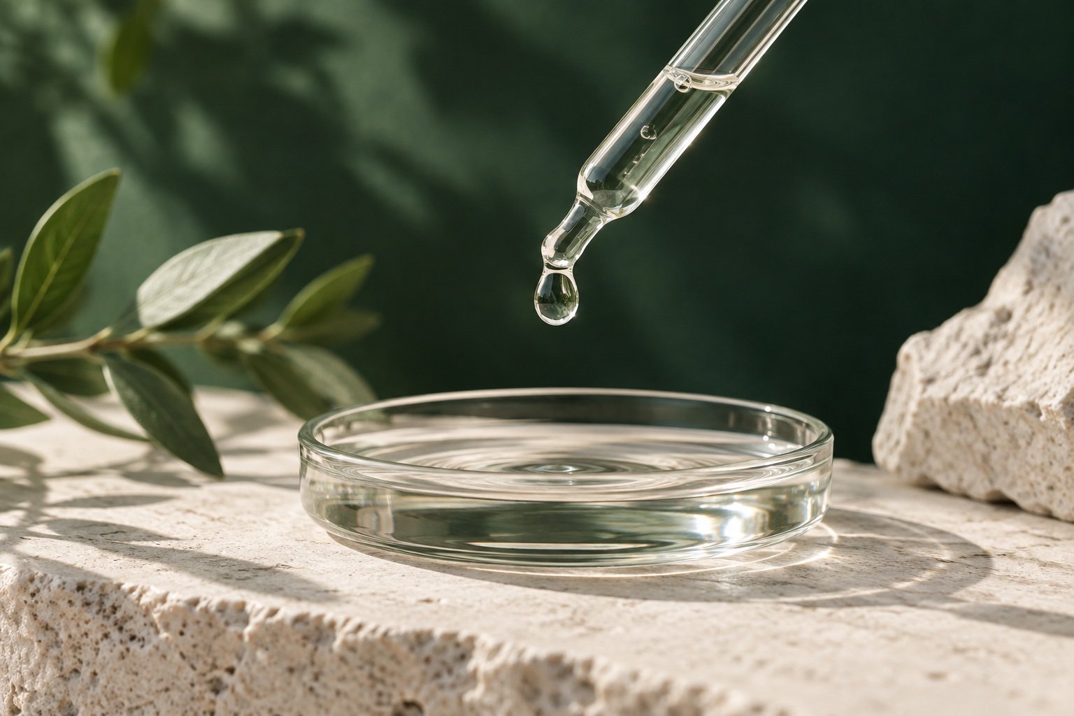 Pipette en verre et goutte sur pierre claire